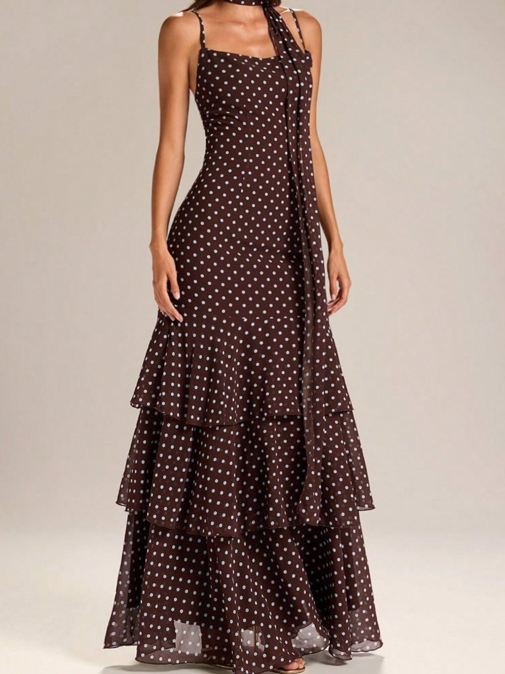 Brown Chic Women's Polka Dot Maxi Dress with Spaghetti Straps, Fishtail Gown - Picture 6 of 7